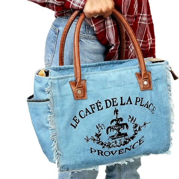 Neiman Marcus LE CAFE DE LA PLACE PROVENCE Canvas Leather Tote Bag - Picture 2 of 5